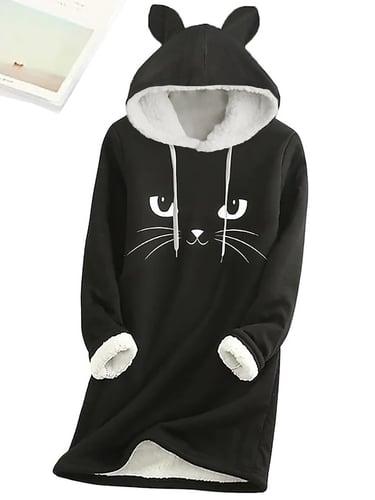 Women's Hoodie Dress Casual Dress Mini Dress Sherpa Fleece Lined Warm Outdoor Going out Weekend Hoodie Print Cat Loose Fit Black Dark Pink Blue S M L XL XXL