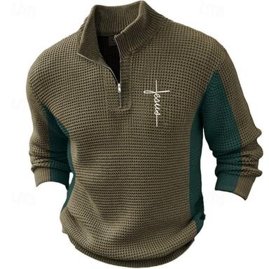 Men's Faith Pullover Sweater Jumper Zip Sweater Polo Sweater Stand Collar Retro Vintage Party Evening Wear Daily Vacation Embroidered Zipper Knitting Long Sleeve Fall Winter Sky Blue Brown Green