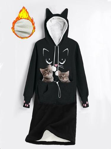Women's Hoodie Dress Casual Dress Mini Dress Sherpa Fleece Lined Warm Outdoor Going out Weekend Hoodie Pocket Print Cat Loose Fit Black S M L XL XXL