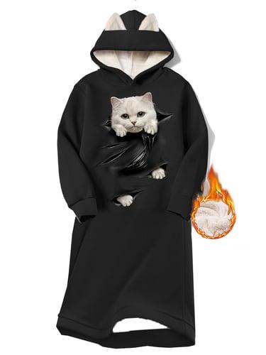 Women's Hoodie Dress Casual Dress Mini Dress Sherpa Fleece Lined Warm Outdoor Going out Weekend Hoodie Print Pocket Cat Loose Fit Black Dark Pink Blue S M L XL XXL