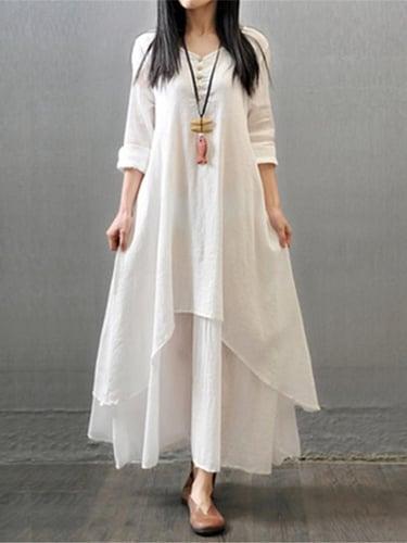 Women's White Dress Casual Dress Maxi Dress Button Pocket Basic Daily V Neck Long Sleeve Summer Spring Black White Plain