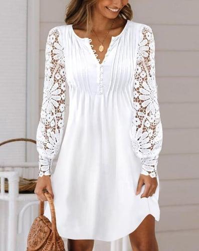 Women's White Dress Mini Dress Lace Button Date Vacation Elegant Split Neck Long Sleeve Lantern Sleeve Black White Red Color