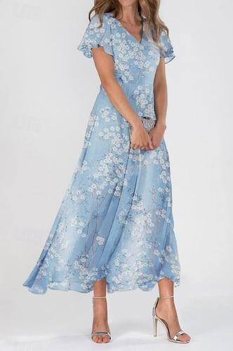 Women's A Line Dress Elegant Floral Maxi Dress V Neck Ruffle Regular Fit Daily Date Blue Summer