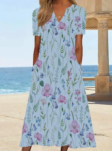 Women's Casual Dress T Shirt Dress Tee Dress Shift Dress Floral Print Print V Neck Midi Dress Basic Daily Vacation Short Sleeve Summer Spring