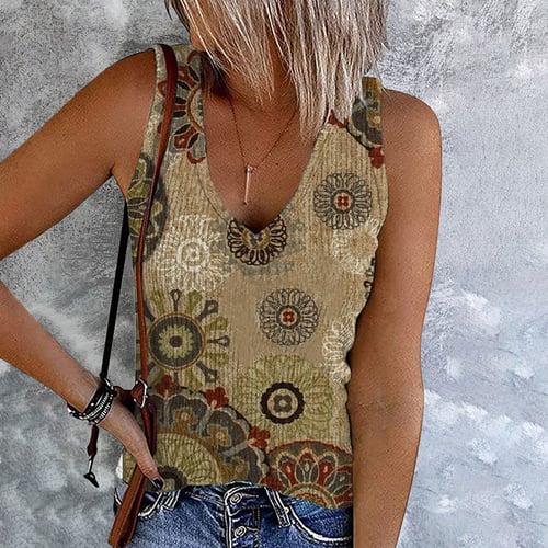Women's Plus Size Tank Top Going Out Tops Vest Concert Tops Streetwear Casual Floral Buttons Print Sleeveless Regular Tops V Neck Holiday Light Green Blue Khaki