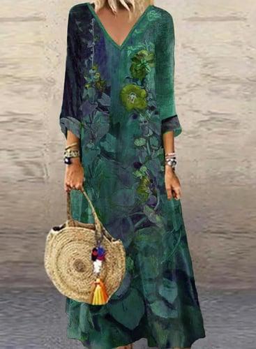 Women's Casual Dress Ethnic Dress Long Dress Maxi Dress Green 3/4 Length Sleeve Floral Print Summer Spring Fall V Neck Classic Vacation 2023 S M L XL XXL 3XL 4XL