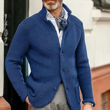 Men's Sweater Cardigan Sweater Jacket Blazer Waffle Knit  Stand Collar Cropped Knitted Solid Color Long Sleeve Basic Stylish Outdoor Daily Clothing Apparel Fall Winter Blue Khaki S M L