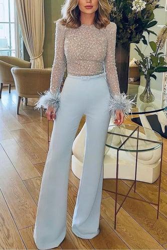 Women's Jumpsuit for Special Occasions Party Solid Color Feather Patchwork Wide Leg Long Sleeve Cocktail Fall Disco