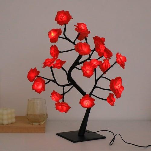 LED Rose Flower Table Lamp Valentine Tree Fairy Lights 24LED Rose Flower Tree Lights Valentine's Day USB Table Lamp Fairy Maple Leaf Night Light Home Party Christmas Wedding Bedroom Decoration Gift