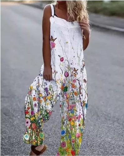 Women's Jumpsuit Button Print Floral Cold Shoulder Ordinary Street Going out Wide Leg Loose Fit Sleeveless Sleeveless Black White Yellow S M L Summer