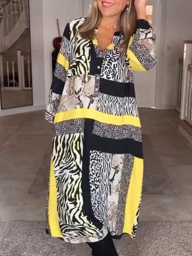 Women's Geometric Color Block Print Split Neck Long Dress Maxi Dress Daily Vacation Long Sleeve Spring Fall