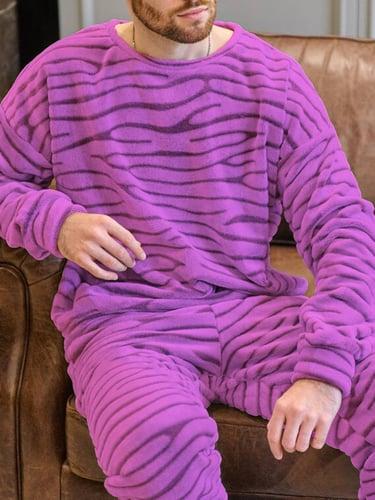 Men's Loungewear Sleepwear Pajama Set Pajama Top and Pant 2 Pieces Stripe Stylish Casual Comfort Home Daily Flannel Comfort Crew Neck Long Sleeve Pullover Pant Elastic Waist Summer Spring Blue Purple