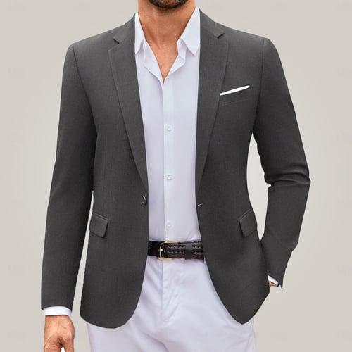 Men's Blazer Jacket Wedding Guest Casual Casual Daily Fashion Casual All Seasons Polyester Solid Colored Basic Single Breasted Blazer Dark Gray Black Navy Blue