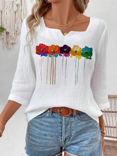 Women's Blouse Elegant Floral Regular Tops 3/4 Length Sleeve Notched Neck Print Regular Fit Daily Going out White Summer