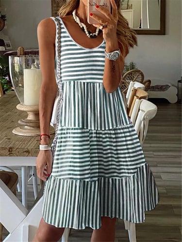 Women's Striped Sundress Sleeveless Round Neck Tank Top Style Tiered Skirt Casual Summer Day Dress Black White Flowy Regular Fit