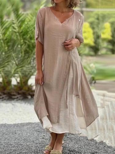 Women's Casual Dress Cotton Linen Dress Midi Dress Button Fake two piece Basic Daily Split Neck Half Sleeve Summer Spring Black Pink Plain