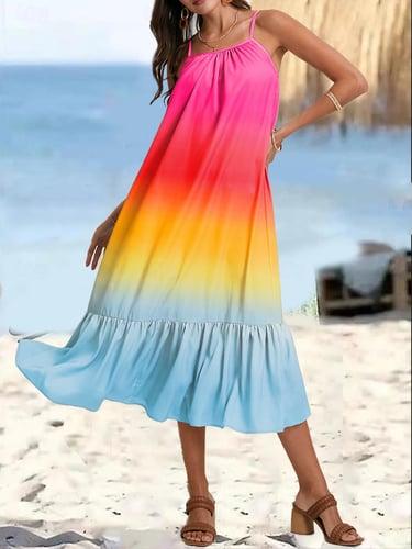 Women's Cami Dress Floral Ruffle Hem Strap Maxi Dress Bohemia Vacation Sleeveless Summer Beach