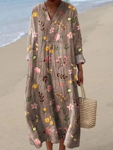 Women's Floral V Neck Maxi Dress Long Sleeve Summer Spring