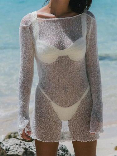 Women's White Dress Mini Dress Backless Vacation Beach Sexy Square Neck Long Sleeve Black White Color