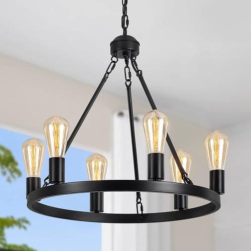 Black Matte Chandelier 6-Light Wagon Wheel Chandelier 21" Farmhouse Pendant Chandeliers Fixture Contemporary Industrial Chandelier for Living Dining Room Kitchen Island Entryway Foyer Bar 110-240V
