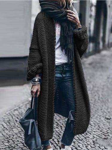 Women's Cardigan Sweater Stylish Casual Soft Solid Color Maillard Ribbed Open Front Oversized Long Sleeve Long Tops Knit Daily Going out Weekend Black Wine Spring Fall