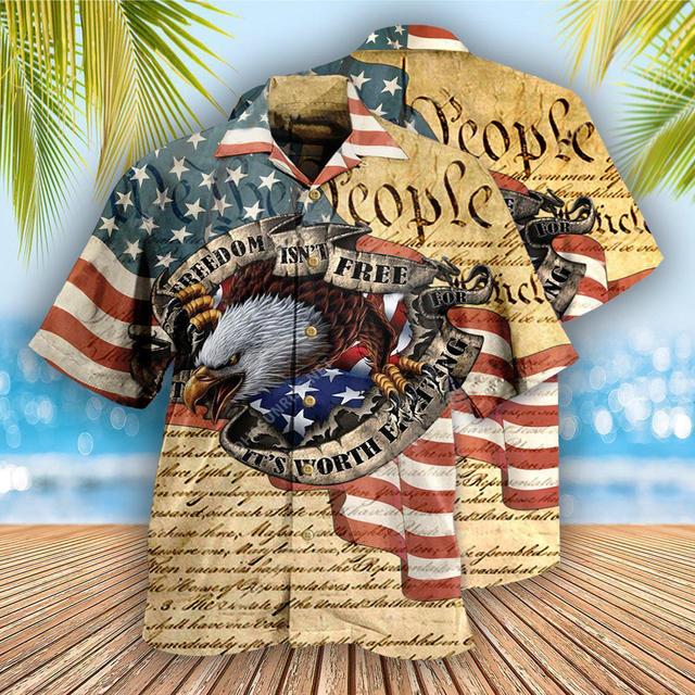 Men's Shirt Summer Hawaiian Shirt Graphic Prints Eagle American Flag Turndown Black White Yellow Light Green Pink Casual Hawaiian Short Sleeve Print Button-Down Clothing Apparel Tropical Fashion