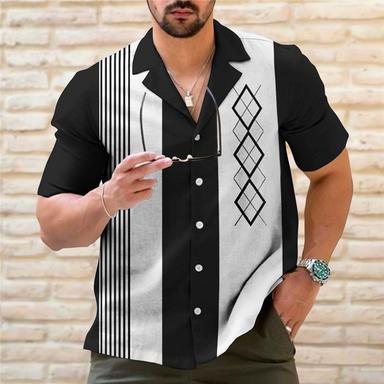 Men's Shirt Bowling Shirt Striped Graphic Prints Geometry Cuban Collar Black Light Green Wine Blue Green Outdoor Casual Short Sleeve Print Clothing Apparel Sports Fashion Streetwear Designer