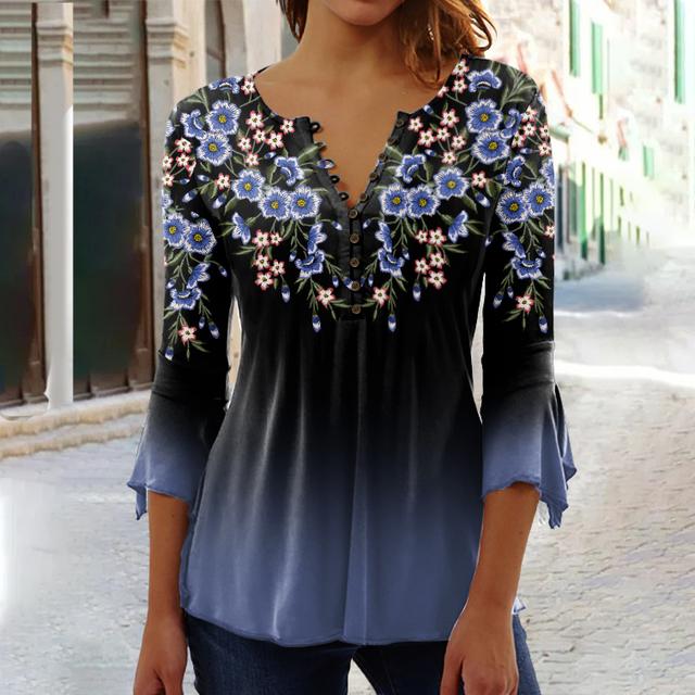 Women's Shirt Blouse Floral Button Print Holiday Basic 3/4 Length Sleeve Round Neck Yellow