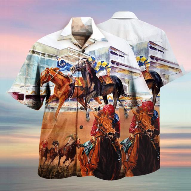 Hawaiian Horse Racing Mens Graphic Shirt Summer Prints American Flag Cuban Collar Yellow Blue Light Outdoor Casual Short Sleeve Race White Cotton